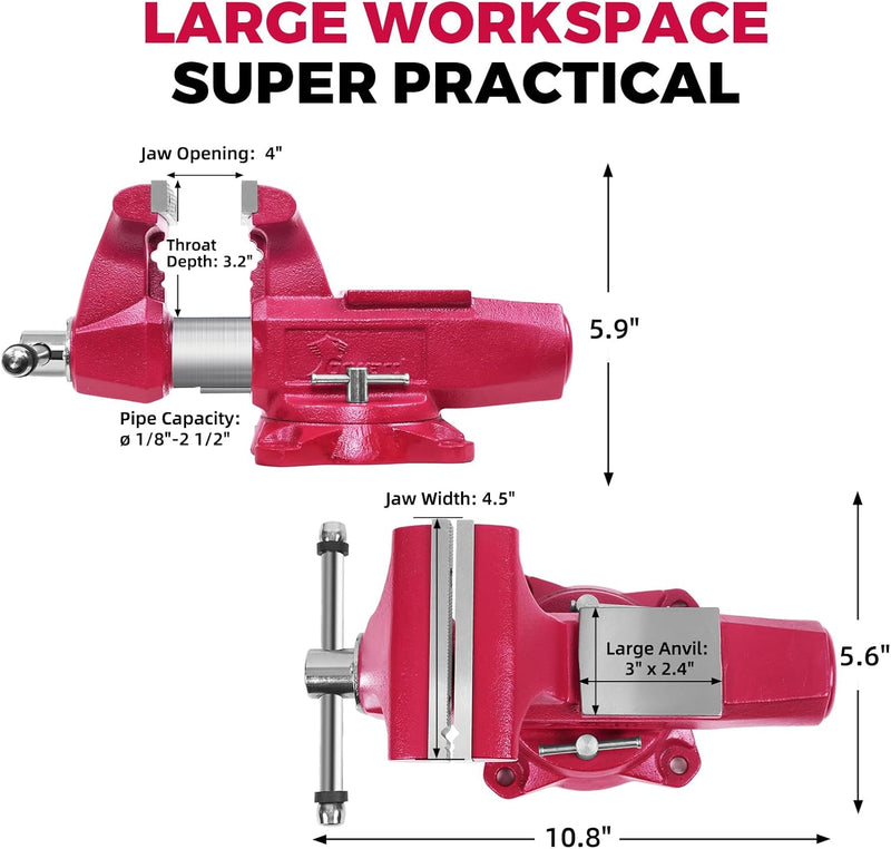 Forward Round Bench Vise, 1740B Economic Industrial Vice PRO with 360° Swivel Base, 4" Jaw Width, 4" Max Jaw Opening, 2-5/8" Throat Depth, 86,000PSI Ductile Iron