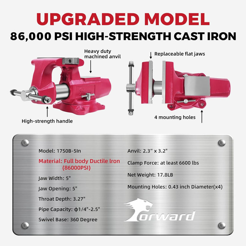 Forward Round Bench Vise, 1750B Economic Industrial Vice PRO with 360° Swivel Base, 5" Jaw Width, 5" Max Jaw Opening, 3-1/4" Throat Depth, 86,000PSI Ductile Iron
