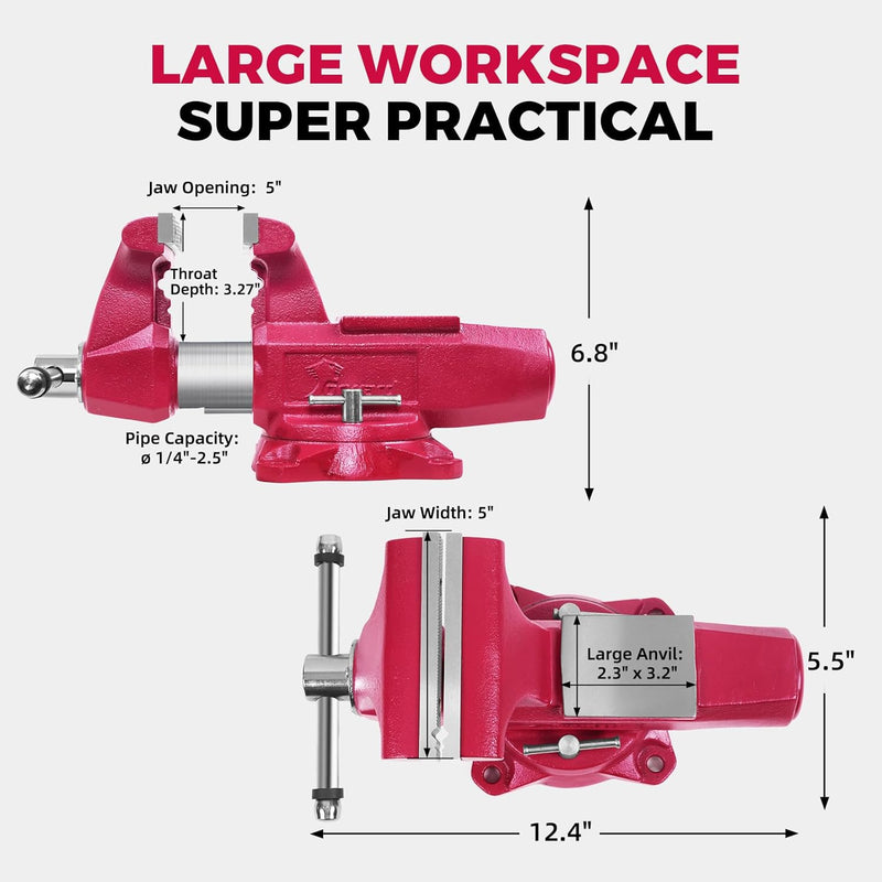 Forward Round Bench Vise, 1750B Economic Industrial Vice PRO with 360° Swivel Base, 5" Jaw Width, 5" Max Jaw Opening, 3-1/4" Throat Depth, 86,000PSI Ductile Iron