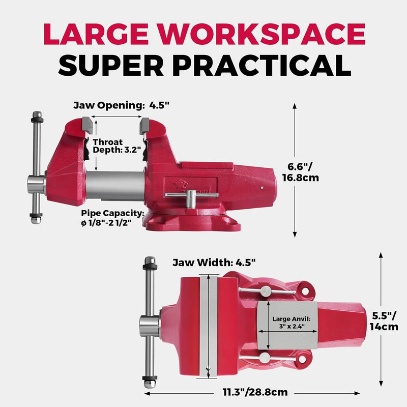 Forward Round Bench Vise 4 Inch Heavy Duty, 1740 Economic Industrial Vice with 360° Swivel Base, 4" Jaw Width, 4 1/2" Max Jaw Opening, 3-1/8" Throat Depth, 72,000PSI Ductile Iron