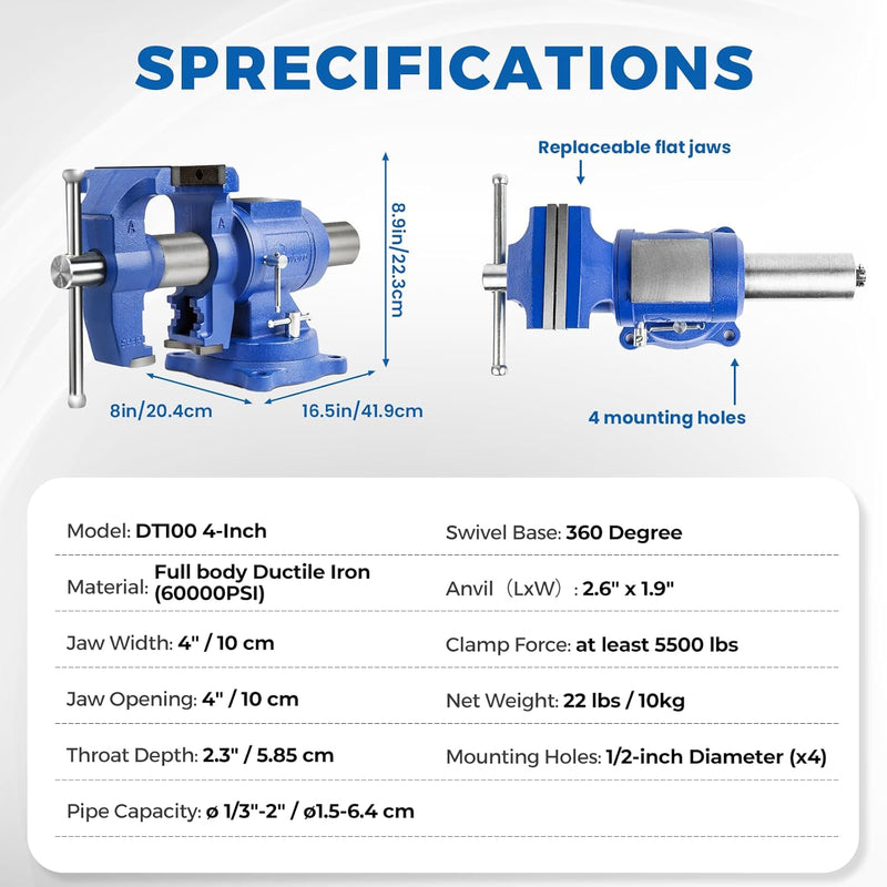 Forward HY-DT100-4IN Heavy Duty Bench Vise 360-Degree Swivel Base and Head with Anvil (4")