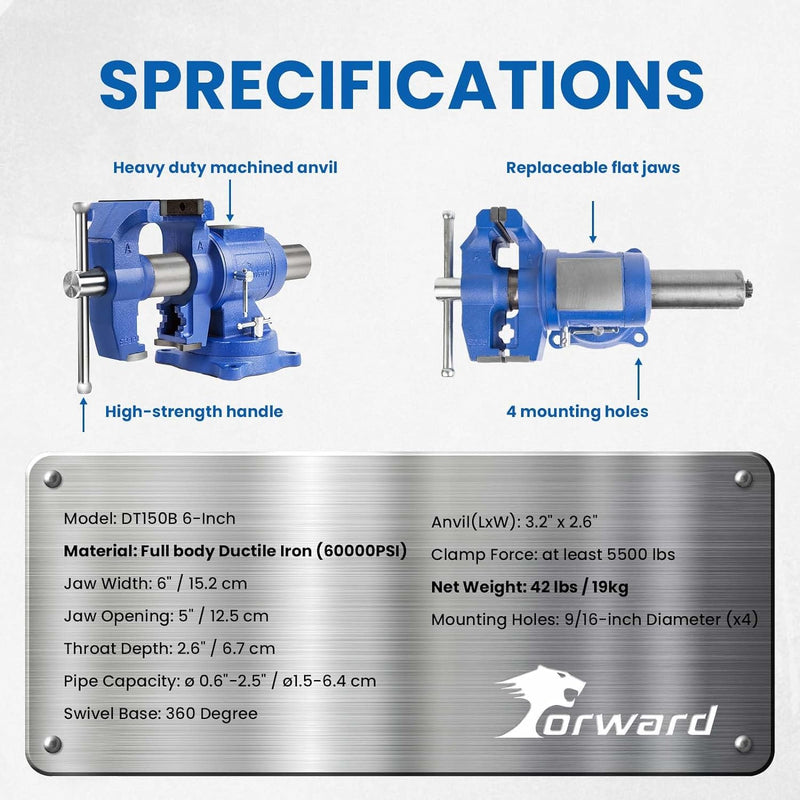 Forward HY-DT150B-6IN Heavy Duty Bench Vise 360-Degree Swivel Base and Head with Anvil (6")