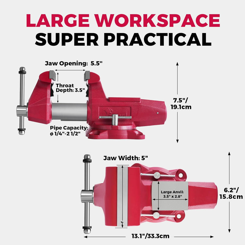 Forward Round Bench Vise 5 Inch Heavy Duty, 1750 Economic Industrial Vice with 360° Swivel Base, 5" Jaw Width, 5-1/2" Max Jaw Opening, 3-1/2" Throat Depth, 72,000PSI Ductile Iron