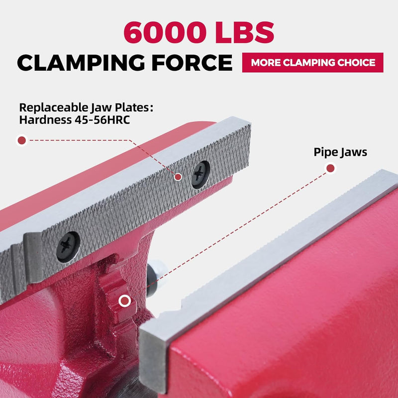 Forward Round Bench Vise, 1740B Economic Industrial Vice PRO with 360° Swivel Base, 4" Jaw Width, 4" Max Jaw Opening, 2-5/8" Throat Depth, 86,000PSI Ductile Iron
