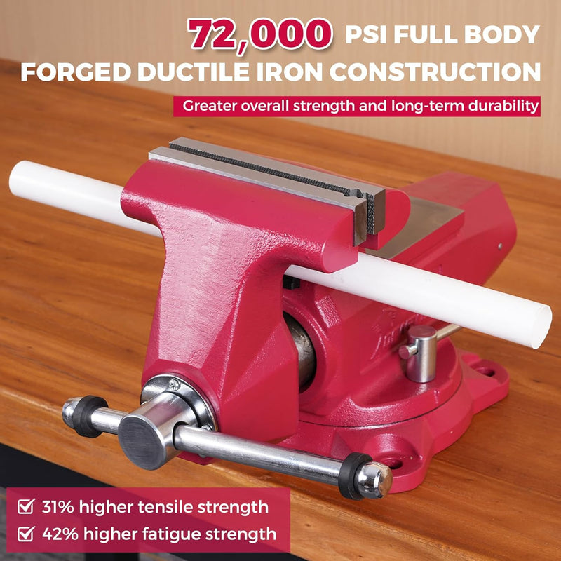 Forward Round Bench Vise 5 Inch Heavy Duty, 1750 Economic Industrial Vice with 360° Swivel Base, 5" Jaw Width, 5-1/2" Max Jaw Opening, 3-1/2" Throat Depth, 72,000PSI Ductile Iron