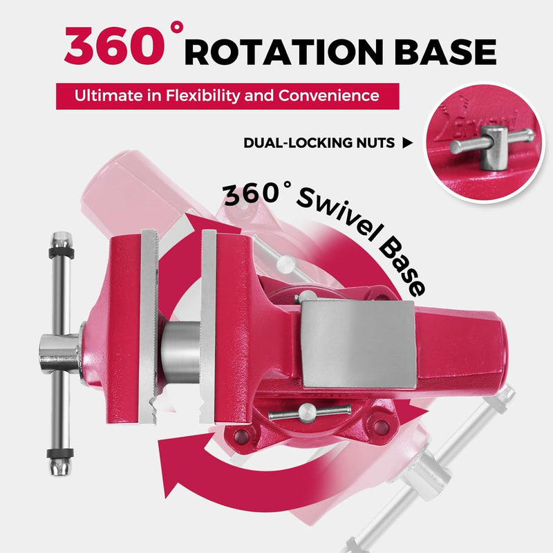 Forward Round Bench Vise, 1740B Economic Industrial Vice PRO with 360° Swivel Base, 4" Jaw Width, 4" Max Jaw Opening, 2-5/8" Throat Depth, 86,000PSI Ductile Iron
