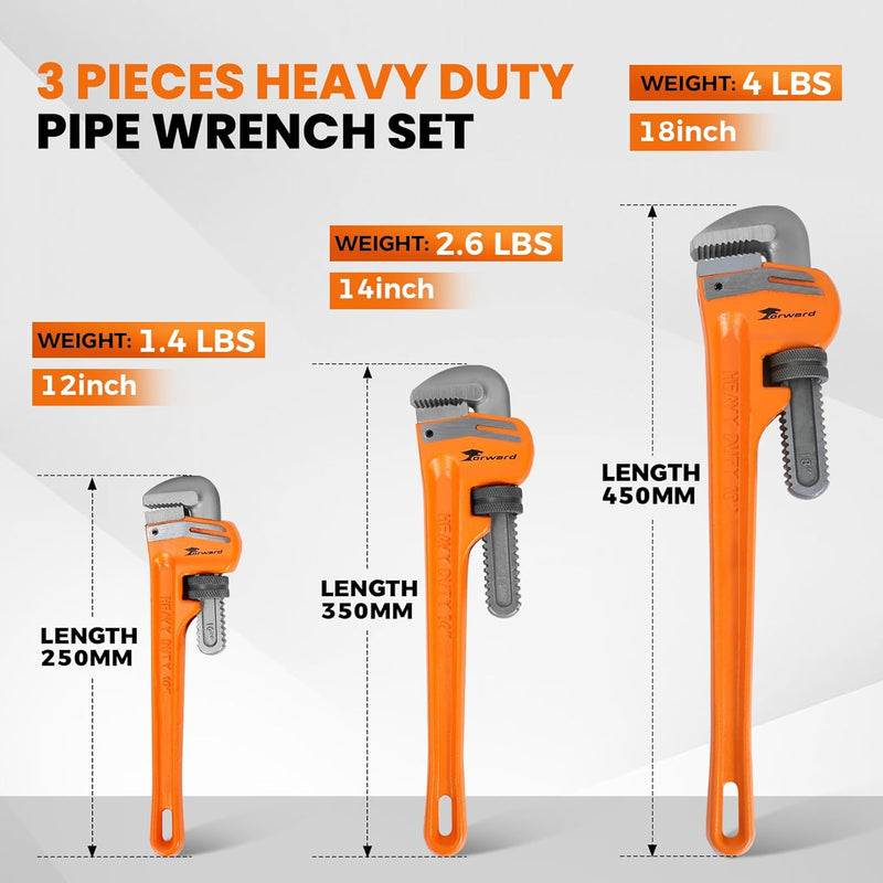 Forward 3pcs Pipe Wrench Set - 10", 14", 18" Heavy Duty Plumbing Wrench Hand KIT