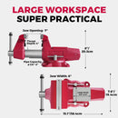 Forward Round Bench Vise 6 Inch Heavy Duty, 1760 Economic Industrial Vice with 360° Swivel Base, 6" Jaw Width, 7" Max Jaw Opening, 4" Throat Depth 72,000PSI Ductile Iron