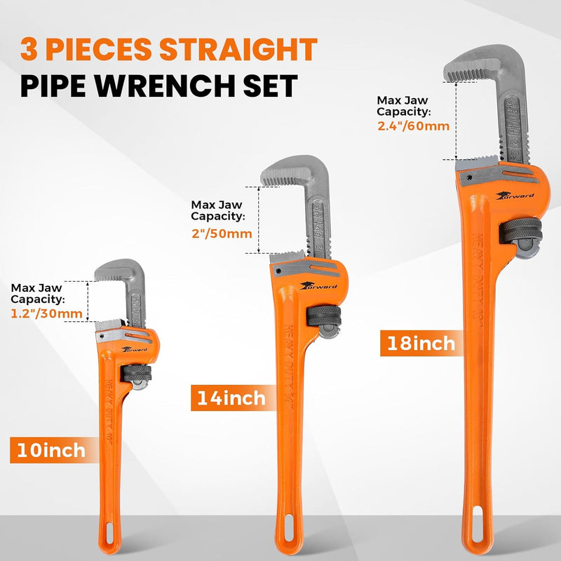 Forward 3pcs Pipe Wrench Set - 10", 14", 18" Heavy Duty Plumbing Wrench Hand KIT