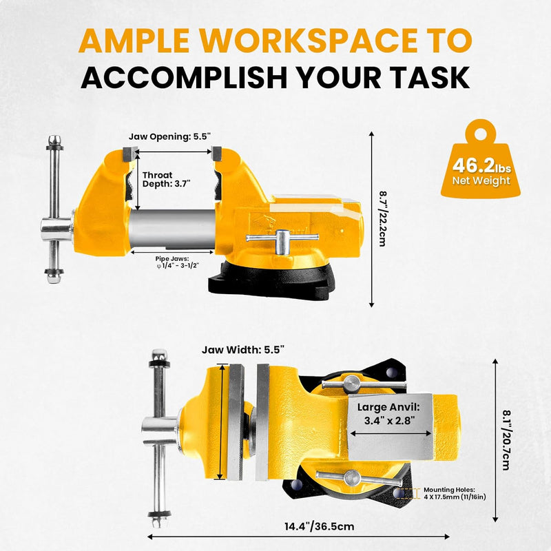 Forward Round Bench Vise, 5-1/2" Jaw Width, 5-1/2" Max Jaw Opening, 3-3/4" Throat Depth, 360° Swivel Base Ductile Iron Industrial Vice (1755A)