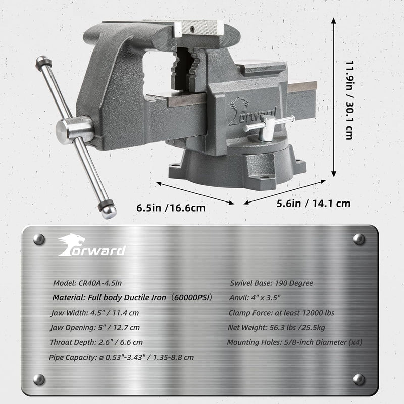 Forward CR40A-4.5In Bench Vise 210 Degrees Swivel Base Heavy Duty with Anvil (4 1/2")